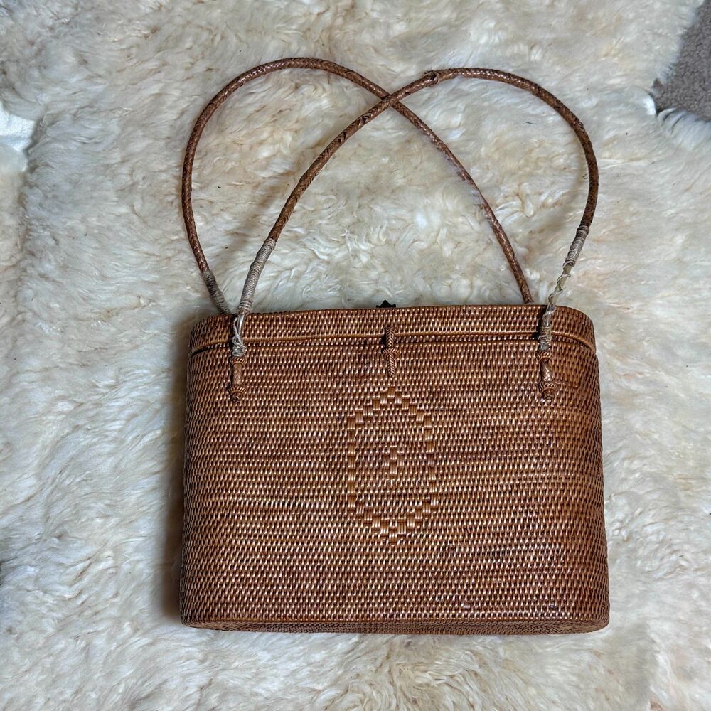 Vintage 1970s Balinese Handwoven Rattan Basket Bag with Carved Wood Lid READ
